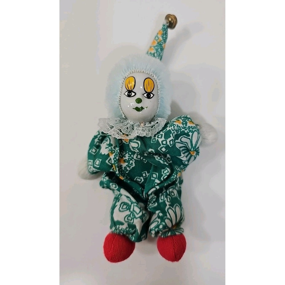 VTG  5" Hand Painted Clown W/Hat‎ & Bell - WT Beanbag Sitting Body - Sweet Face